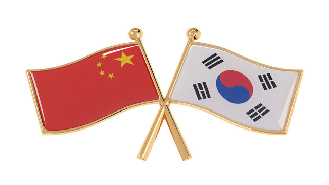 Badge partnership of China and North Korea. 3D illustration of isolated national flags on white background