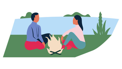 Touristic camp with campfire near river for adventure tourism, travel, backpacking. Concept of hiking, adventure tourism, camping, travel. Flat cartoon colorful vector illustration.