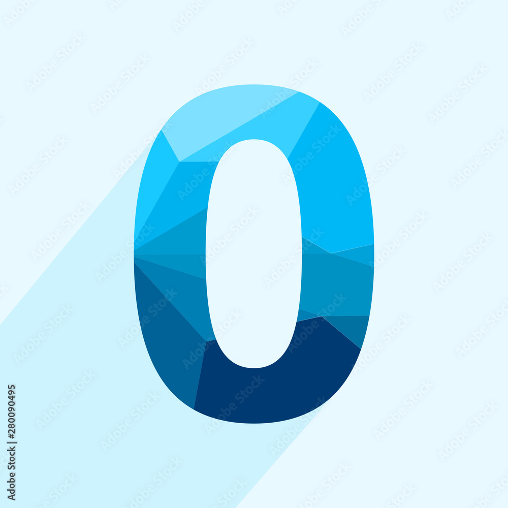 Poster blue vector polygon zero number font with long shadow. low poly illustration of flat design.