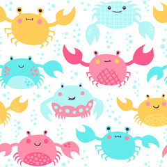 Seamless vector pattern with cute sweet-faced crabs.