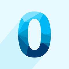 Blue vector polygon zero number font with long shadow.  Low poly illustration of flat design.