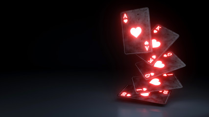 Casino Gambling Concept Royal Flush in Hearts Poker Cards On The Black Background - 3D Illustration