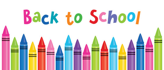 Colorful vector banner on white background with childish text and border of bright colored crayons. Text reads Back to School, for website, flyer, social media, newsletter, sales promotion.. - 280092876