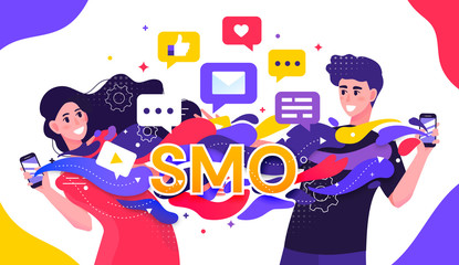 SMO or Social Media Optimization concept with two young people streaming data between multimedia mobile devices and the cloud with chat, business card and gear icons, colorful vector illustration.