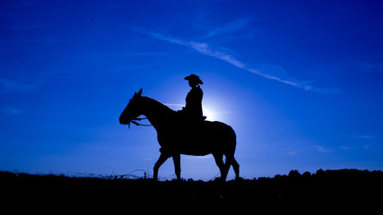 Silhouette cowgirl on horse at sunset in blue (2)