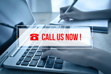 Hand Typing on keyboard with text CALL US NOW