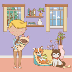 Boy with cats and dogs cartoon design