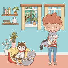 Boy with cats and dog cartoon design