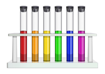 Glass laboratory test tubes with cork and multi-colored liquids. Test tubes in a laboratory rack. Special dishes for medicine, pharmaceptics, chemistry, biology, microbiology. Isolated object. Vector