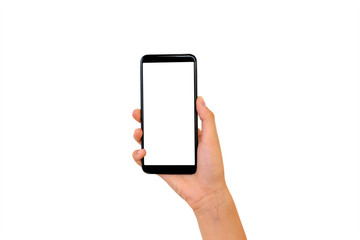 Hand holding the modern smartphone with blank screen and modern design - isolated on white...