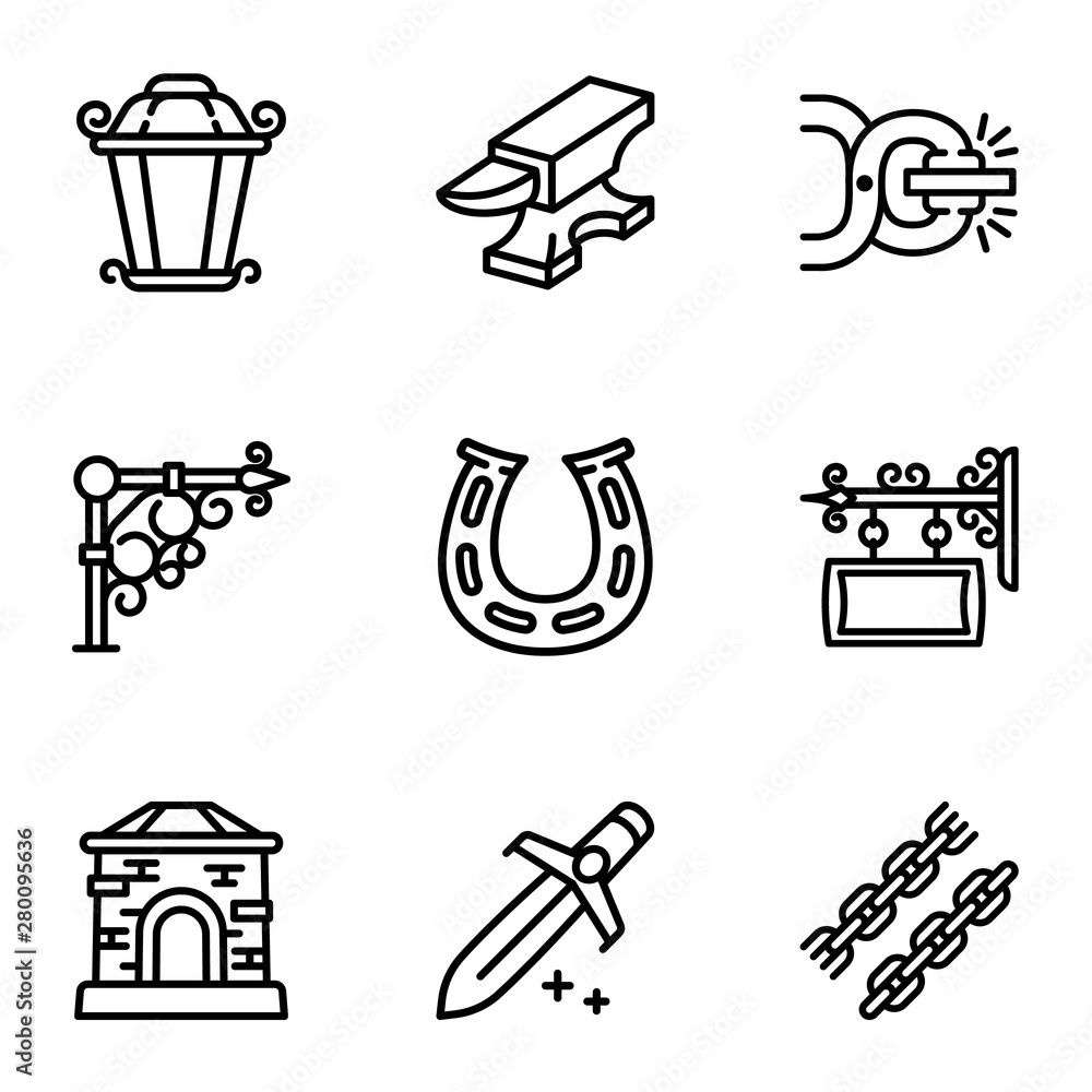 Poster blacksmith icon set. outline set of 9 blacksmith vector icons for web design isolated on white backg