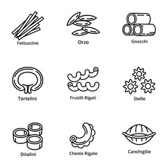 Pasta icon set. Outline set of 9 pasta vector icons for web design isolated on white background