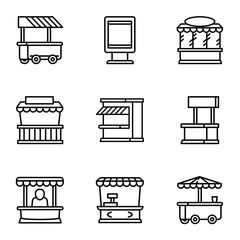 Street market icon set. Outline set of 9 street market vector icons for web design isolated on white background