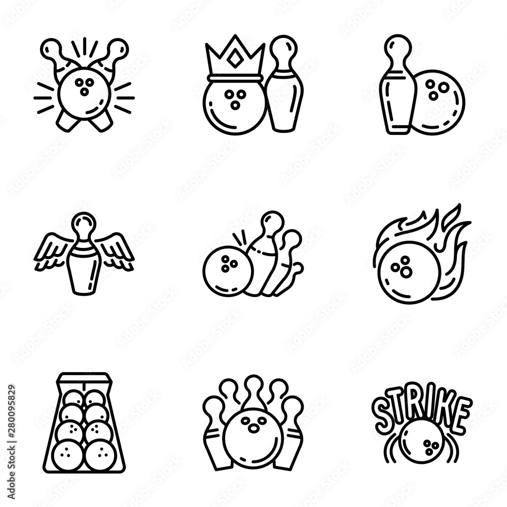 Poster bowling icon set. outline set of 9 bowling vector icons for web design isolated on white background