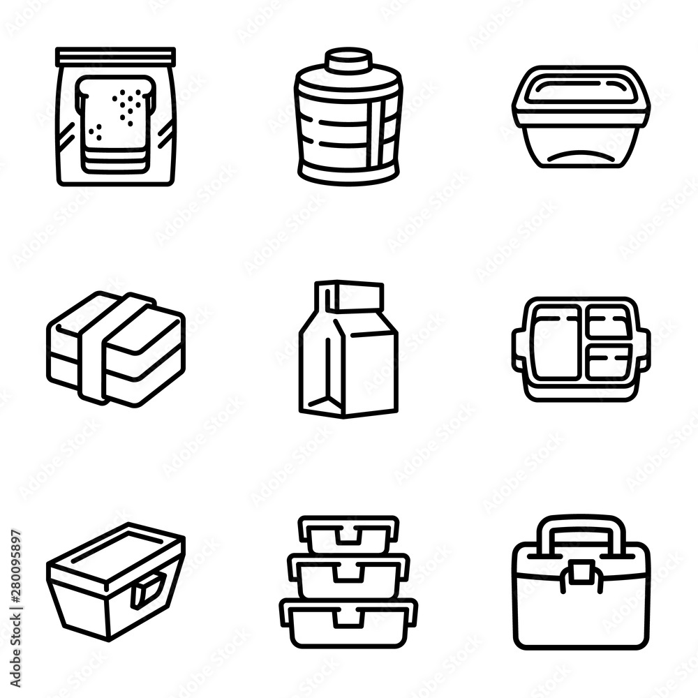 Poster lunch bag icon set. outline set of 9 lunch bag vector icons for web design isolated on white backgro