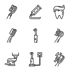 Tooth care icon set. Outline set of 9 tooth care vector icons for web design isolated on white background