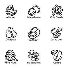Nuts icon set. Outline set of 9 nuts vector icons for web design isolated on white background