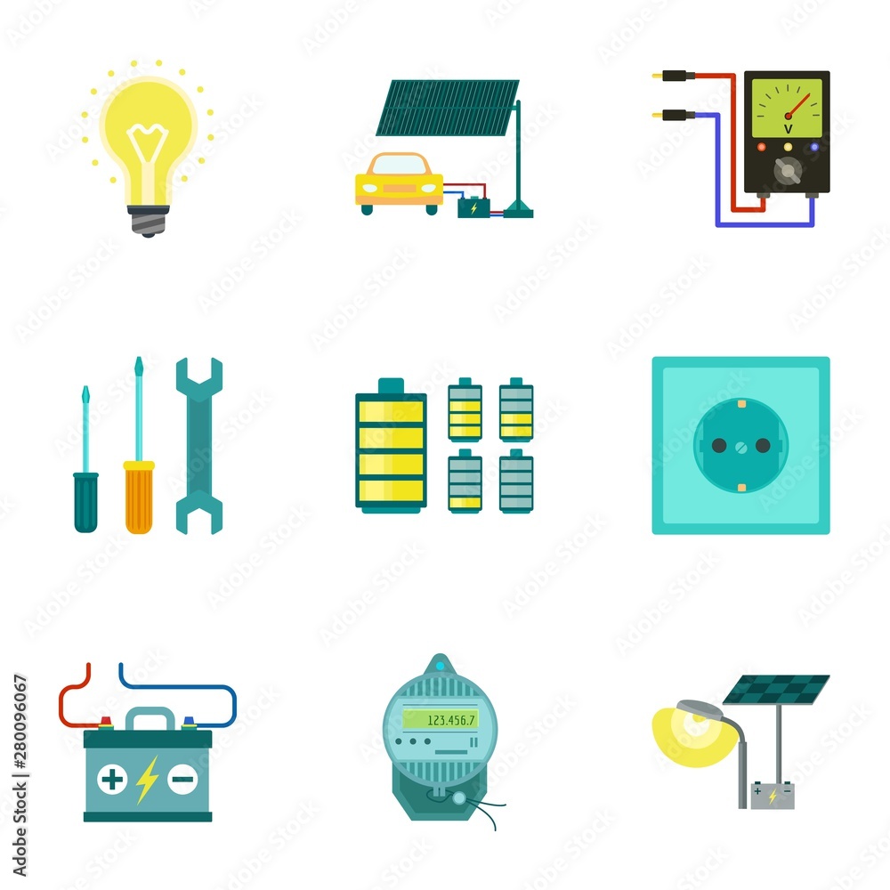 Poster light energy icon set. flat set of 9 light energy vector icons for web design isolated on white back