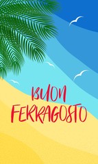 Fototapeta na wymiar Vector illustration for italian august holiday Buon Ferragosto or Catholic feast of the Assumption of Mary. Happy Ferragosto summer holiday in italian language on vertical sea background for stories.