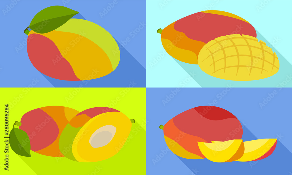 Poster mango icons set. flat set of mango vector icons for web design