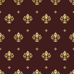 Seamless pattern. Modern geometric ornament with golden royal lilies. Classic vintage background