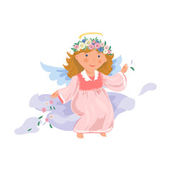 Cute red hair girl angel in long red dress