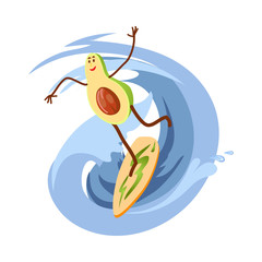 Cute happy avocado character is surfing on ocean wave