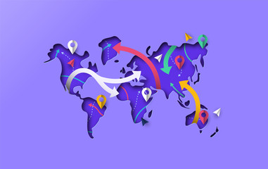 World map papercut gps travel arrow concept
