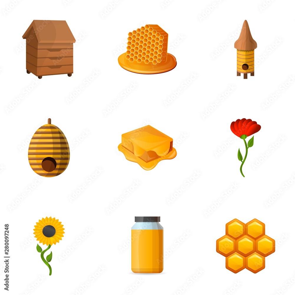 Poster honey icon set. cartoon set of 9 honey vector icons for web design isolated on white background