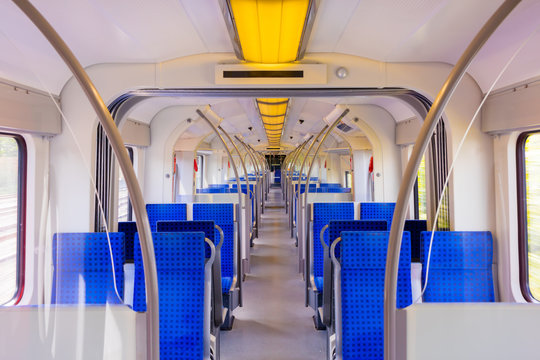Nahverkehr, Regio, S-Bahn, Regionalbahn, Wagen, Innenansicht, Innenraum, blaue Sitze, Doppelsitz, sitzreihe, Einrichtung Zug, Waggon, &Ouml;pnv, Bahn, German Train inside , Clean modern train in germany, 
