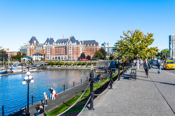 Cityscape downtown in the city of Victoria, Canada by the Inner Harbour across from Government...