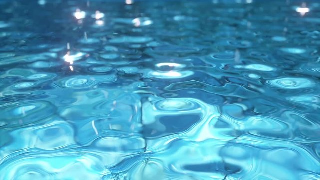Pure blue water in the pool with light reflections. Water droplets falling to the surface. 3d render seamless loop