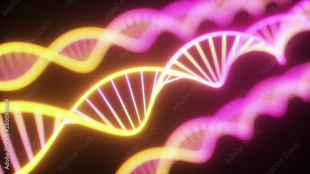 Poster rotating neon dna chain. fluorescent ultraviolet lights. sci-fi style. modern neon yellow purple lig