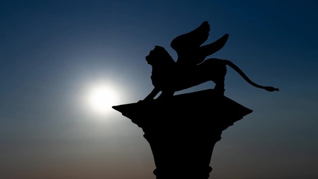 Winged Llion, Symbol of Film Festival of Venice, Time Lapse at Sunset with Colorful Sky in Background, St Mark's Square, Italy