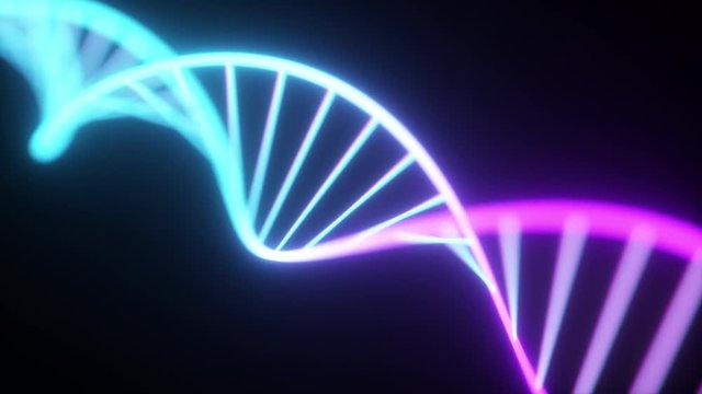 Rotating neon dna chain. Fluorescent ultraviolet lights. Sci-fi style. Modern neon blue purple light spectrum. 3D render seamless loop animation 4k UHD