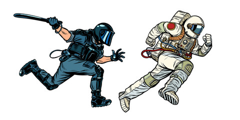 astronaut and riot police with a baton
