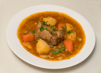 Oxtail stew beautiful closeup on white background with parsley garnish