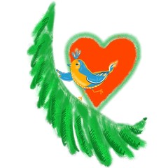 European robin songbird on a tree brunch. Funny cartoon character with red heart. Robin redbreast festive image for design, card, cover, surface, kids room. Nature lovers print. Forest, wildlife