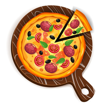 Fresh pizza and slice triangle with different ingredients tomato, cheese, olive, sausage, basil on wood board