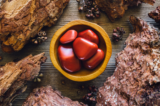 Bowl of Red Japser in Wood Frame