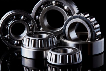 Close-up of a set of ball and roller bearings on a dark background