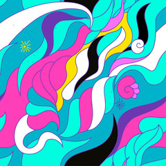 Doodle abstract colorful waves with pop and zine elements teal seamless pattern