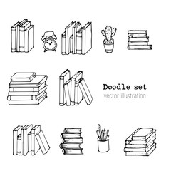 Vector Set of books, Notebooks, Notepads and Diaries. Stack of books Sketch. Office stuff, student desk. Doodle stationery. Hand drawn illustration. Cartoon Design elemements for infographic. School