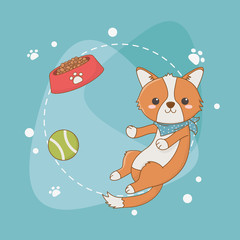 cute little dog mascot with dish and ball