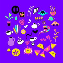 Colorful hand drawn set of doodle icons on purple