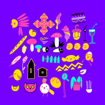 Colorful hand drawn set of doodle icons on purple background