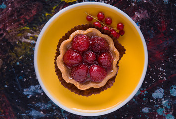  strawberry cake top view. paint space background