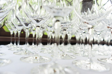 Several rows clear transparent, clean glasses for wine and champagne on counter prepared for drinks.
