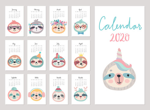 Calendar 2020. Cute monthly calendar with sloths. - Powered by Adobe