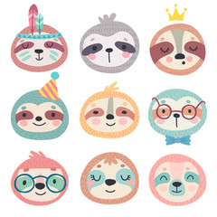 Cute sloths faces. Hand drawn characters. © lumencre